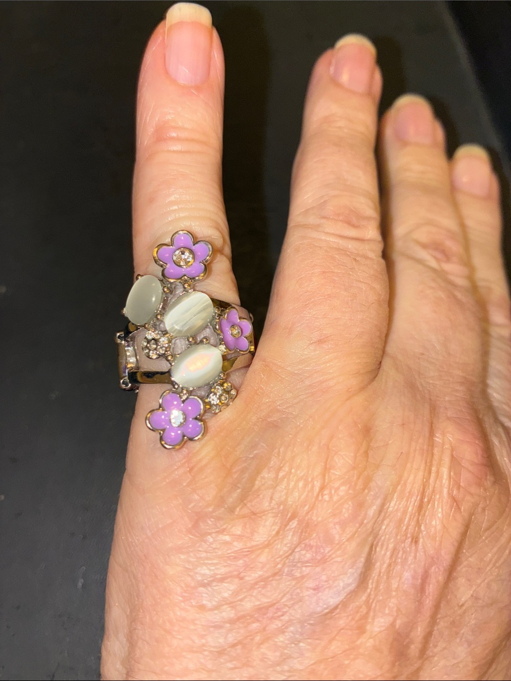 Floral Cluster Stretch Ring with Lavender Enamel and Opal Accents